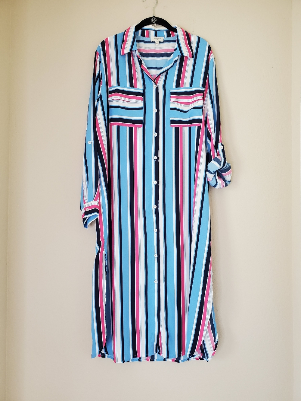 Umgee Womens Sz L  Striped Long-Sleeve Shirt Dress in Blue, Pink, White and Navy